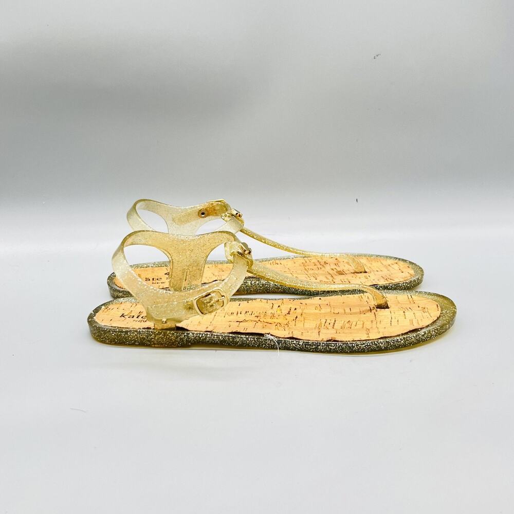 Kate Spade Sandals Womens 9 Gold Plastic Jelly Thong Ankle Strap Flat Shoes
